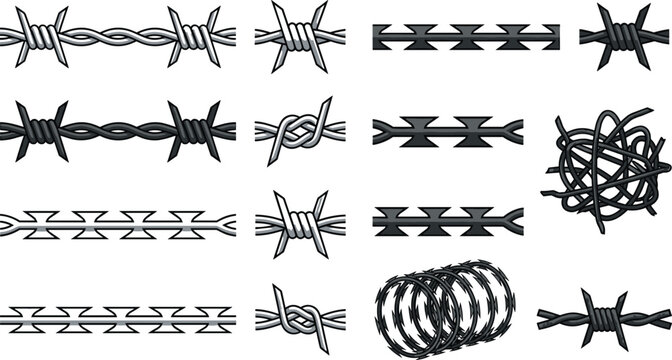 Barbed wire, razor wire, and security fence collection featuring twisted metal barriers, defensive obstacles, and border protection vector set