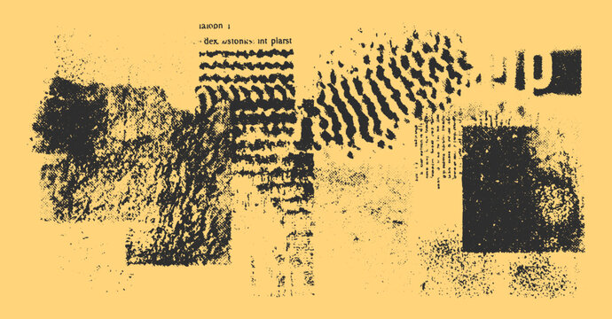 Chaotic deconstructed fashion illustration with abstract texture. This modern vector artwork showcases various design patterns on a yellow background.
