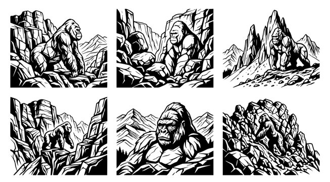Silverback mountain gorilla in rocky terrain black and white hand drawn illustration