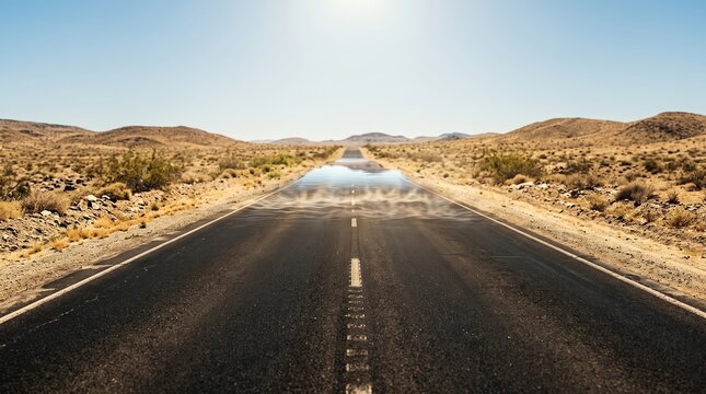 Asphalt road stretching through a hot desert landscape with heat mirage