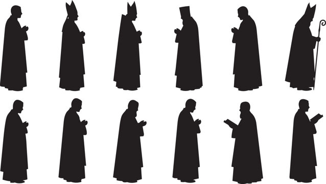 Clerical figures praying in silhouette against a white background vector