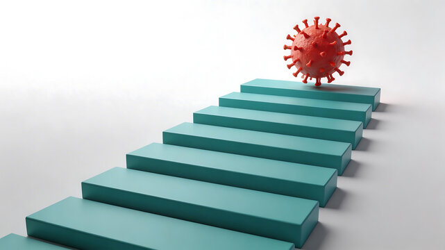 Red virus on blue stairs
