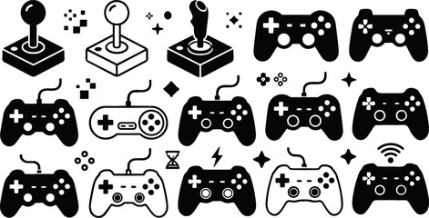 Retro Video Game Joystick and Modern Wireless Gamepad Icon Collection for Esports Streaming Digital Interface Designs and Gaming Console Branding Vectors © Mst Rebeka