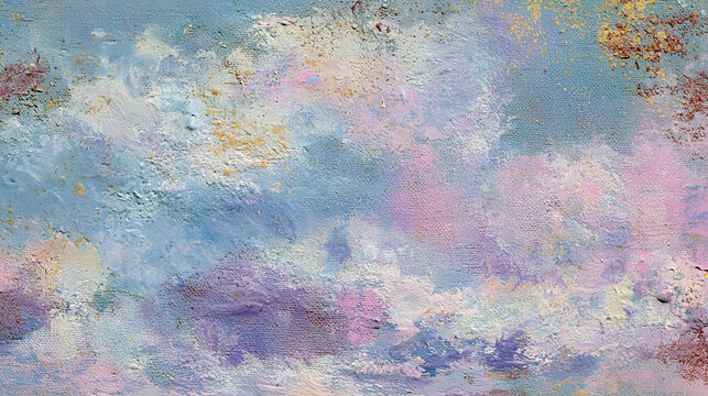 Abstract pastel impasto paint texture with thick acrylic and oil brush strokes on canvas. Handcrafted artistic background in soft blue, pink, white and gold tones with rich painterly texture.