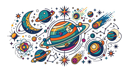 Colorful Planets, Stars, Moon, and Comets - Outer Space Illustration © Maya