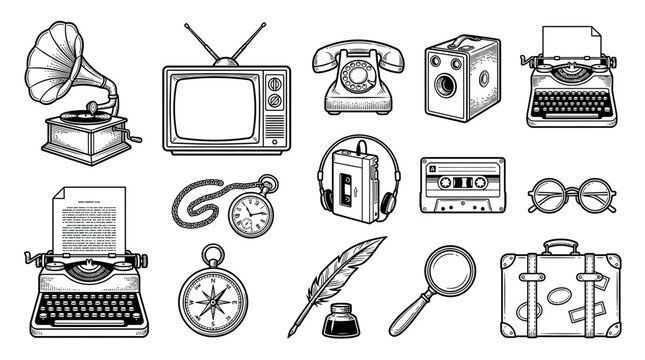 Vintage Technology and Communication Icons: Retro Objects Collection