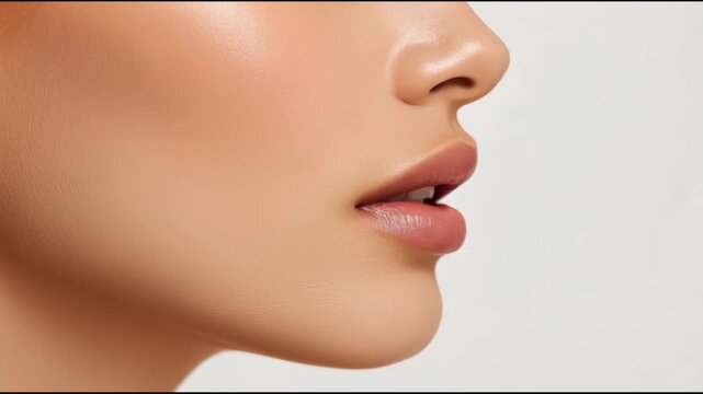 Soft close up profile of lips mouth nose cheek with smooth skin and subtle natural makeup
