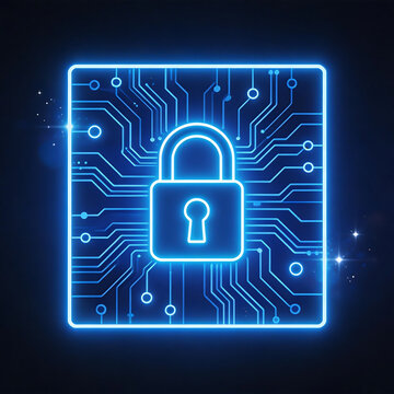Blue neon circuit padlock