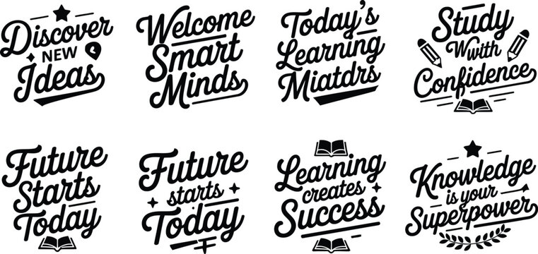 Inspirational education lettering set, motivational school quotes vector, black typography badges for students and learning success isolated PNG with Transparent Background