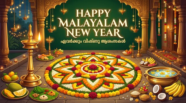 Happy Malayalam New Year and Vishu Festival Celebration Background Vector Illustration with Pookalam Flower Rangoli, Diya Lamps, and Vishu Kani Traditional Offerings