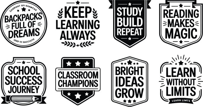Vintage school badges with motivational quotes, set of 8 education labels vector, black and white academic achievement emblems for students isolated PNG with Transparent Background