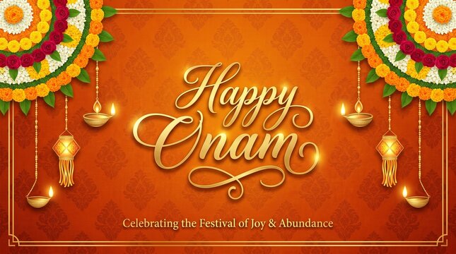 Happy Onam Festival Greeting Background Vector, South Indian Harvest Festival Celebration Banner with Floral Rangoli, Pookalam, Hanging Oil Diya Lamps and Lanterns on Elegant Orange Damask Texture Pat