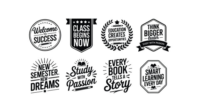 Vintage education badges and school labels, set of 8 motivational academic vector emblems, black and white study quotes for students isolated PNG with Transparent Background