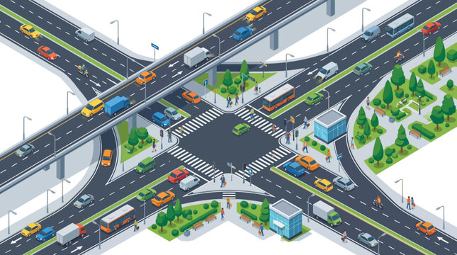 Busy Intersection: Cars, Buses, Trucks on Overpass and Roadway, Urban Traffic Flow