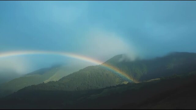 Rainbow arching over misty green mountain ridge with soft cloudy sky and serene forested valley fog