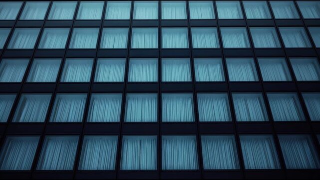Blue window grid facade curtain glass building with repetitive square windows and cool blue light