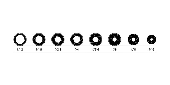 Aperture Diagram Series Showing Different F-Stop Values with Geometric Black and White Circular Shapes