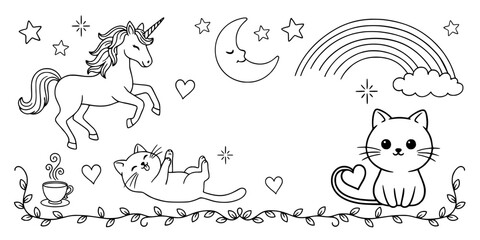 Obraz premium Unicorn and Cats in Whimsical Doodle Illustration with Stars, Moon, Rainbow, and Hearts Featuring Cute, Magical, Fantasy