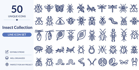 Insect Collection Line Icons, 50 Editable Stroke Vector Icons for Bugs, Entomology and Wildlife © Nowsatjahan