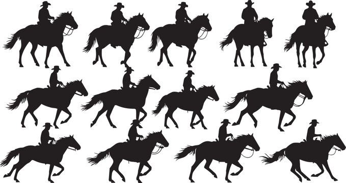 Cowboys riding horses in silhouette during a Western rodeo event
