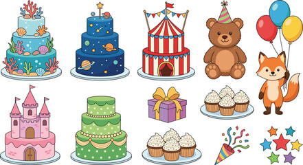 Fototapeta premium Cute birthday party celebration collection featuring cakes, teddy bear, fox, circus tent, balloons, cupcakes, gift box, and festive decorations vector set