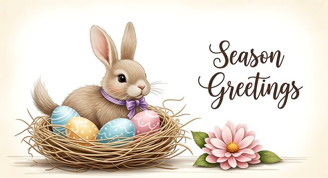 Cute Bunny Rabbit with Colorful Easter Eggs in Nest for Spring Season Greetings.