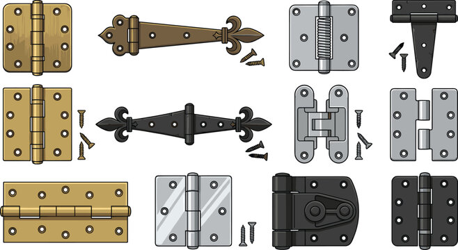 Door hinge vector collection featuring decorative strap hinges concealed hinges butt hinges spring hinges and metal hardware fittings isolated set
