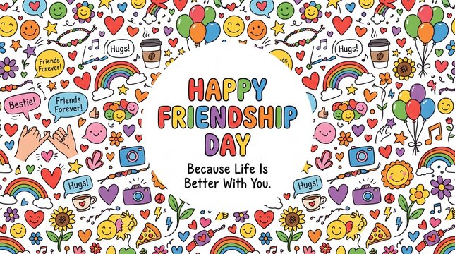 Happy Friendship Day greeting card, colorful hand drawn doodle pattern with hearts and rainbows, cheerful best friends celebration background