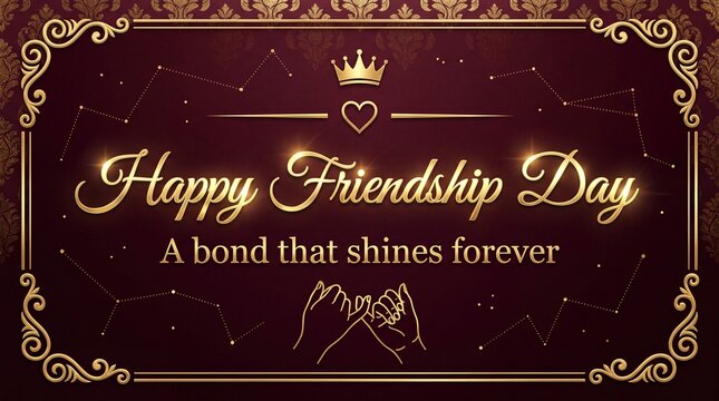 Elegant Happy Friendship Day greeting card, luxury gold typography on maroon damask background, royal friendship celebration banner with crown