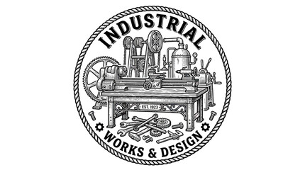 Obraz premium Vintage Industrial Works & Design Emblem with Lathe and Tools