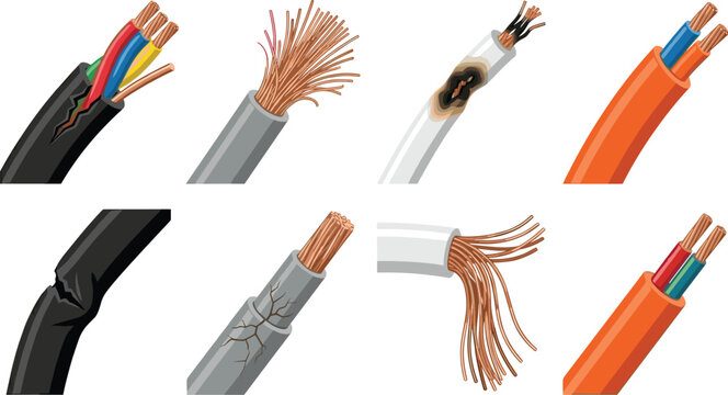 Electrical cable and damaged wire vector collection featuring insulated power cords exposed copper conductors and wiring repair illustrations