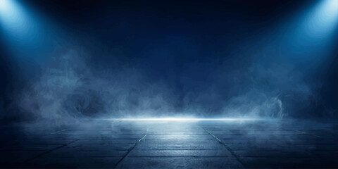 Naklejka premium An empty stage bathed in dramatic blue spotlights and ethereal mist evokes a sense of anticipation and mystery, ready for a grand performance.