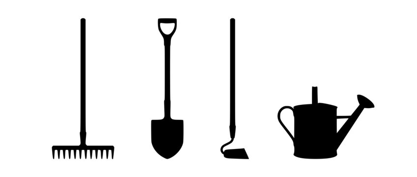 set of garden tool silhouettes including rake shovel hoe and watering can