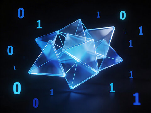 Blue geometric shapes with binary numbers