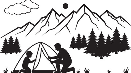 Father and son setting up tent in mountains with sun and trees vector silhouette © SD DESIGN STUDIO
