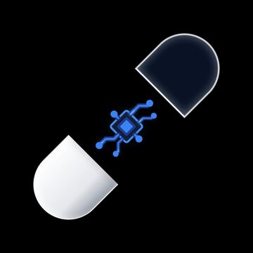 Minimalist digital pill icon featuring a glowing blue microprocessor circuit board center against a stark black background for health technology