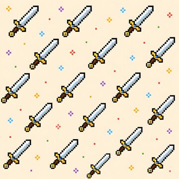 Seamless pixel art sword pattern with retro fantasy 8-bit game weapons.