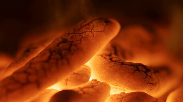 Glowing charcoal embers with deep internal light, faint flame, cracked ashy surfaces, stacked coals, and warm smoke-toned texture in dark close view, with ember, charcoal, smoldering, glow detail