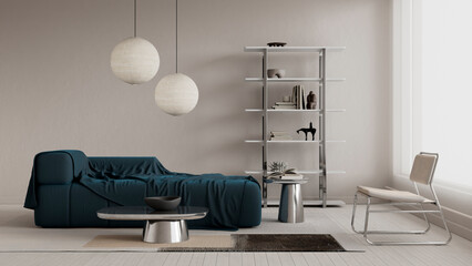 Minimalist Japandi apartment living room with designer blue sofa, chrome coffee table, modern shelving, paper lantern lighting and elegant residential interior, 3D illustration © Salih