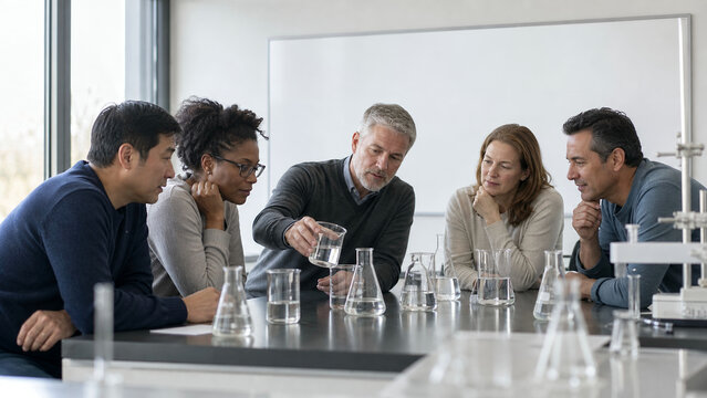 Science Classroom With Unmarked Glassware And Adult Learners