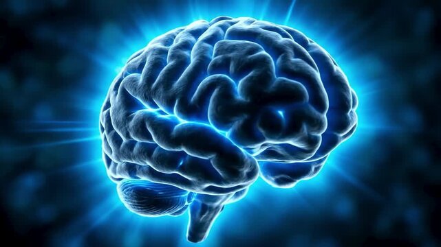 Glowing blue human brain model on dark background. Suitable for science, education, medicine, technology, and neurology presentations.