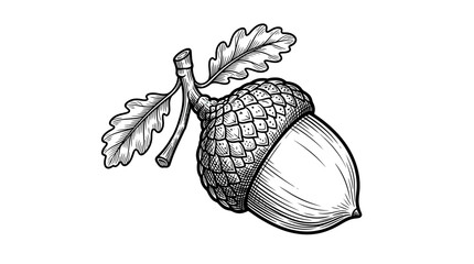 Hand-drawn acorn with oak leaves, black and white sketch, isolated on white. © mila