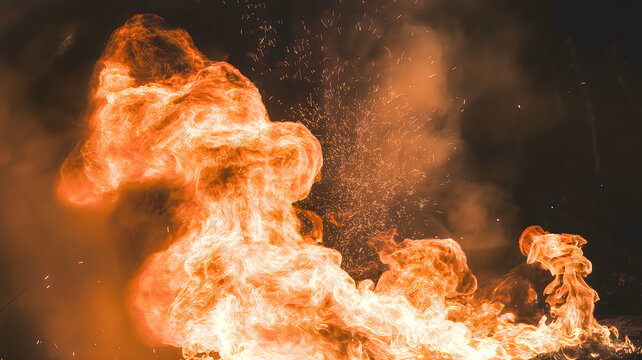 A large orange fire with flames and sparks flying everywhere on a transparent background  burning fiercely