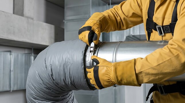 Industrial worker in yellow uniform and protective gloves installing insulation on a large metal ventilation pipe inside a construction site area