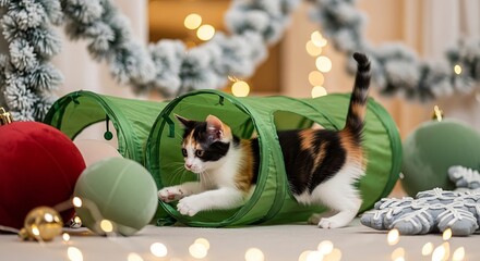 Fototapeta premium Cute Cats Playing in Green Tunnel During Festive Holiday.