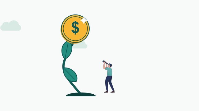 Financial Investment Growth Animation. 2D vector animation of business professionals observing a growing money plant with a coin. Perfect for investment and success concepts.