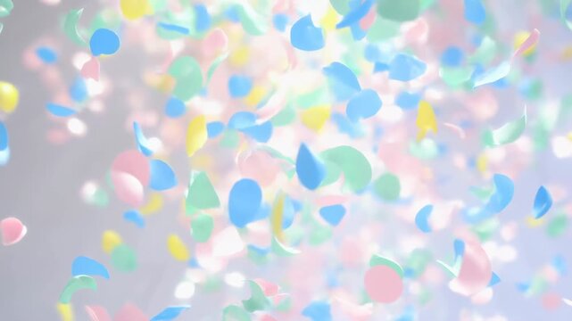Floating pastel confetti field with layered depth, soft highlights, airy spacing, and gentle drifting celebration pieces across pale neutral backdrop, with confetti, pastel, celebration, petal detail