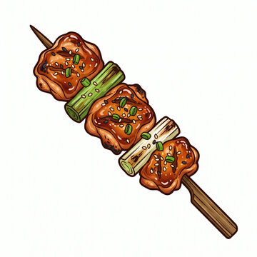 Japanese Grilled Yakitori Chicken Skewer Vector Illustration With Negi Leek