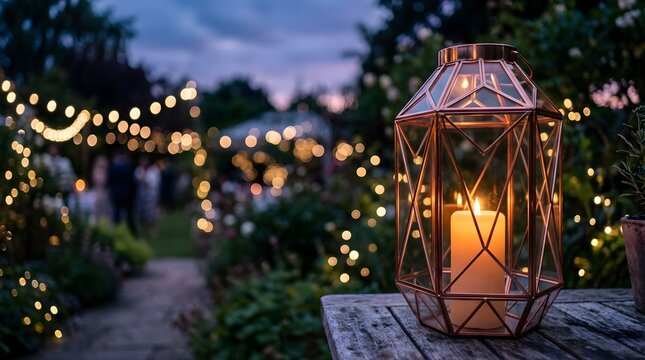 Rose gold geometric lantern with glowing candle for romantic garden event