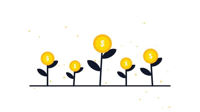 Financial growth animation featuring dollar coin plants. A minimalist concept representing business success and passive income. Perfect for economy and investment projects